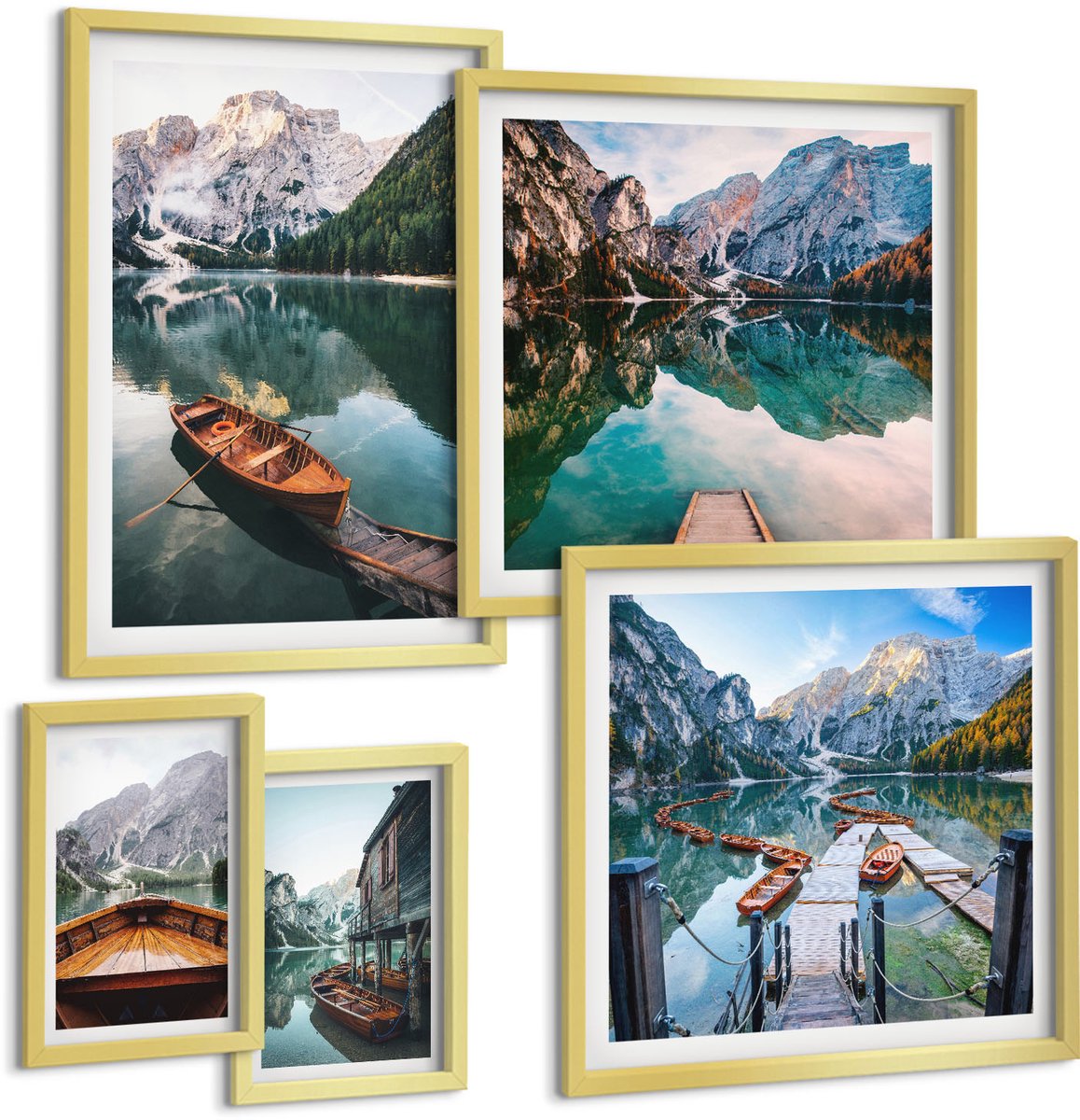 Coloray 5-Delige Schilderij Set - Rustige Meren Met Houten Bootjes In De Bergen - 50 x 50 cm, 20 x 30 cm En 40 x 60 cm - Muurdecoratie - Schilderijen Set - Woonkamer - Interieur Decoratie