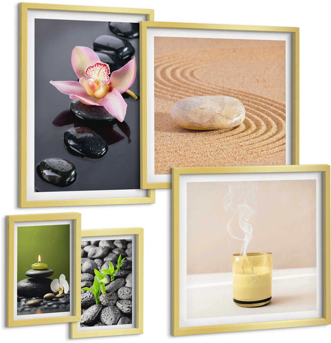 Coloray 5-Delige Schilderij Set - Rustgevende Zen-Thema'S Met Stenen En Orchideeën - 50 x 50 cm, 20 x 30 cm En 40 x 60 cm - Wanddecoratie - Moderne Interieurdecoratie - Woonkamer Decoratie