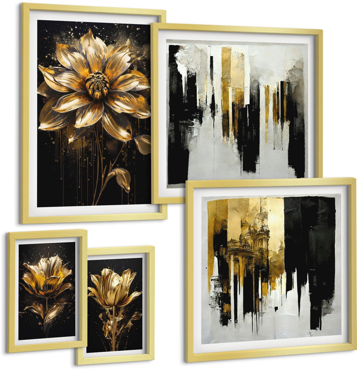 Coloray 5-Delige Schilderij Set - Bloemmotieven In Een Elegante, Moderne Stijl. - 50 x 50 cm, 20 x 30 cm En 40 x 60 cm - Moderne Wanddecoratie - Woonkamer - Muurdecoratie