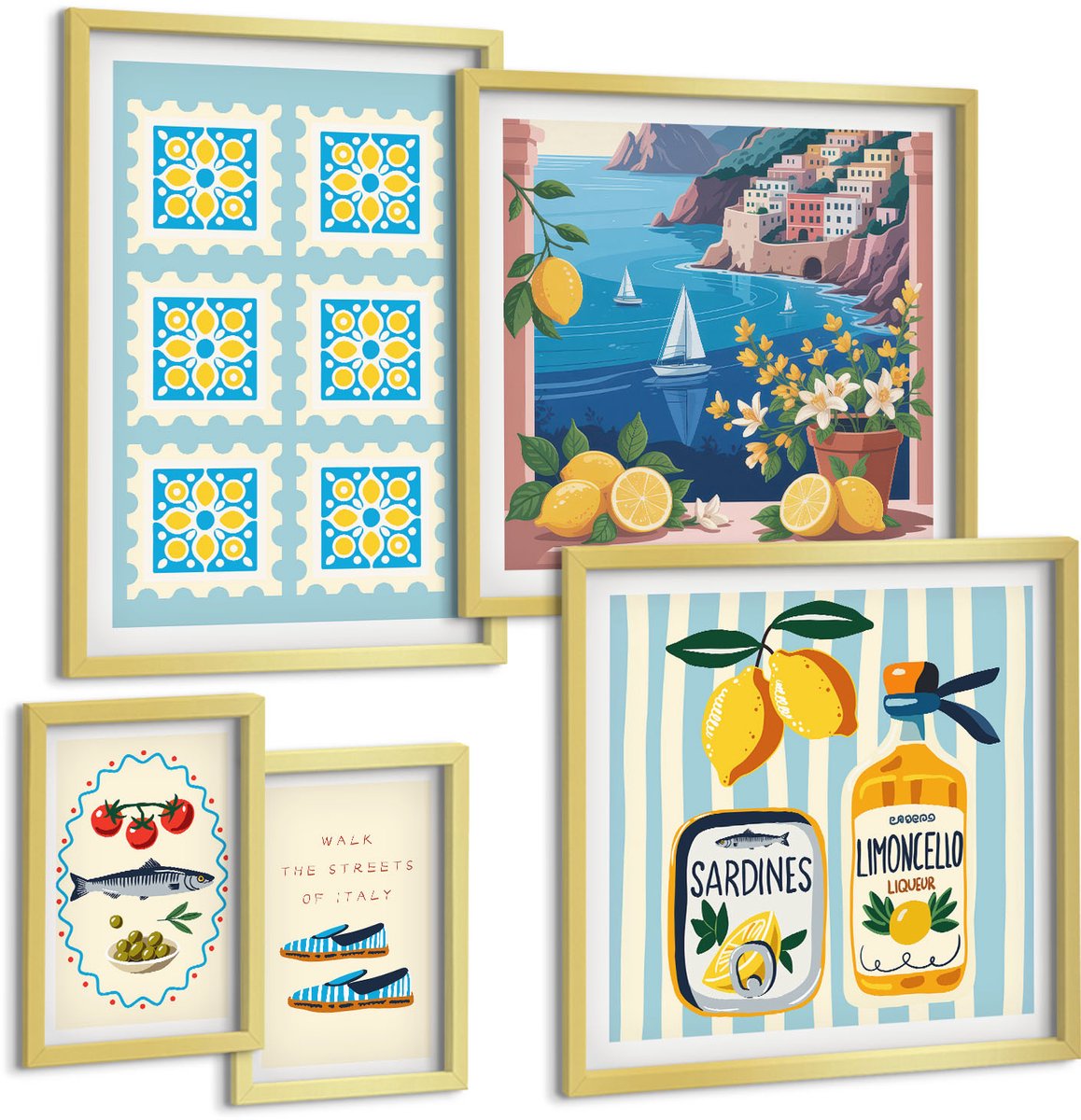 Coloray 5-Delige Schilderij Set - Keukeninspiratie Uit Italië: Mediterrane Smaken En Stijl. - 50 x 50 cm, 20 x 30 cm En 40 x 60 cm - Decoratieve Schilderijen - Wanddecoratie - Hal