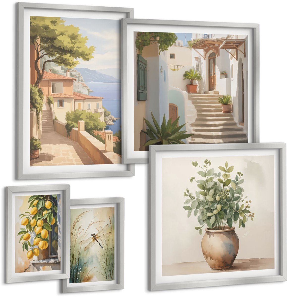 Coloray 5-Delige Schilderij Set - Citroenen In Een Vaas En Planten In Een Witte Architectuur - 20 x 30 cm - Stijlvolle Muurdecoratie - Slaapkamer