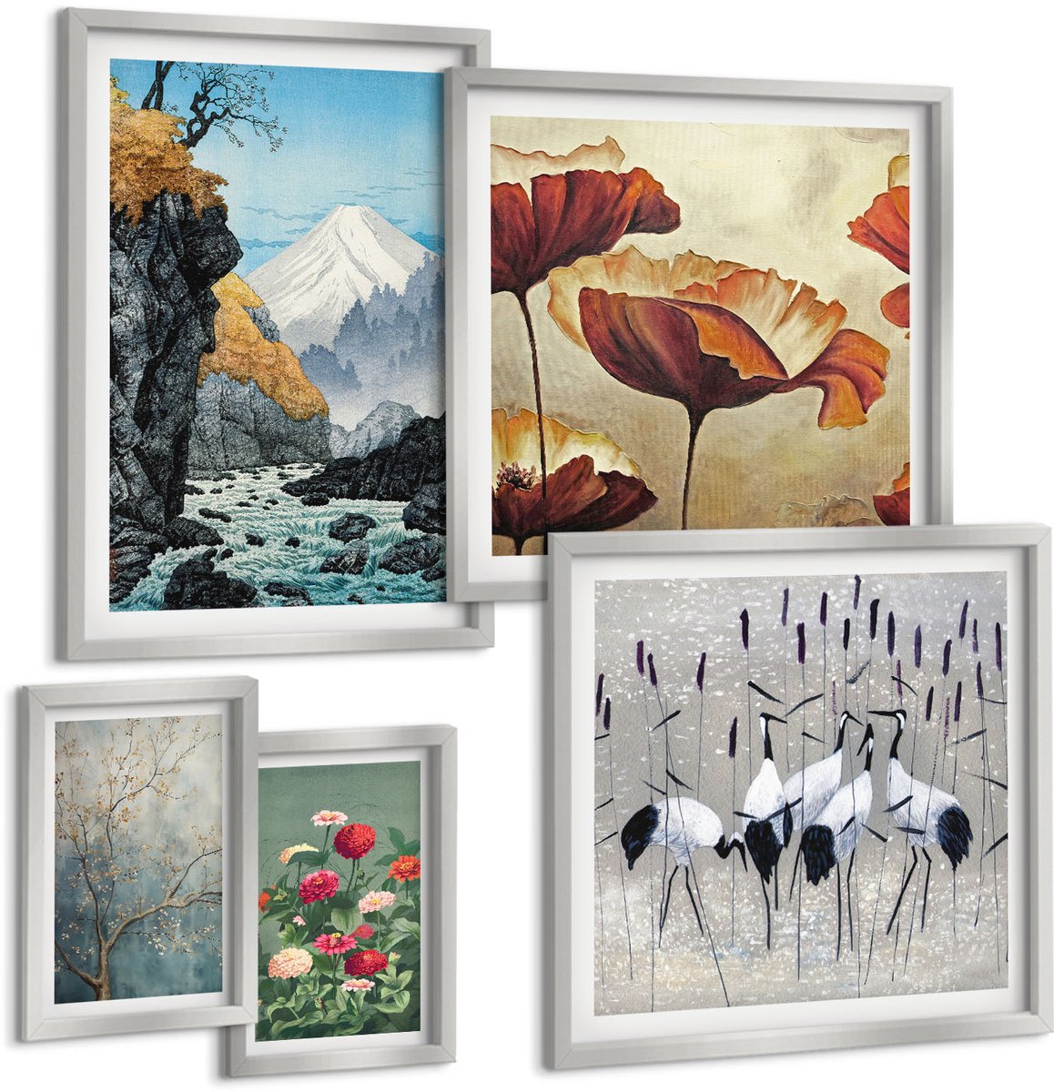Coloray 5-Delige Schilderij Set - Tropisch Bos Met Waterval En Kleurrijke Papegaaien - 20 x 30 cm - Wanddecoratie - Woonkamer Decoratie - Decoratieve Schilderijen