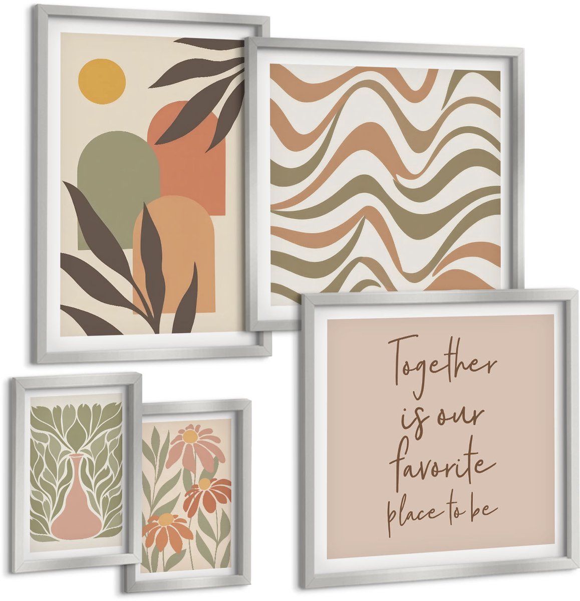 Coloray 5-Delige Schilderij Set - Pampasgrasvelden En Boho-Strand - 20 x 30 cm - Decoratieve Schilderijen - Woonkamer - Interieur - Muurdecoratie