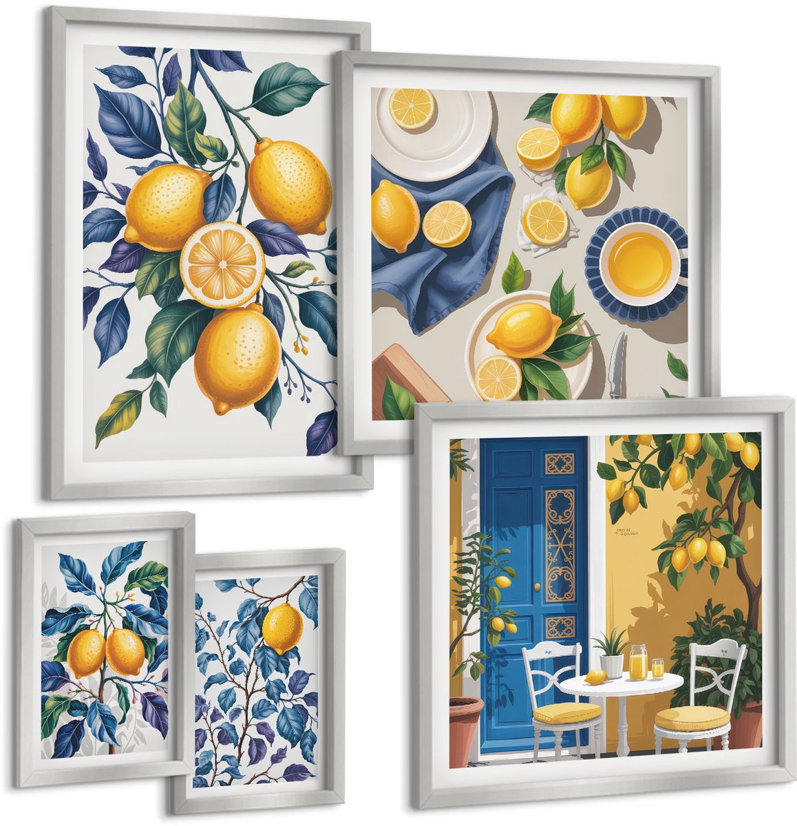 Coloray 5-Delige Schilderij Set - Esthetisch Aantrekkelijke Combinatie Van Groene Olijven En Eucalyptustakken - 20 x 30 cm - Muurdecoratie - Wanddecoratie - Hal Zilveren lijst