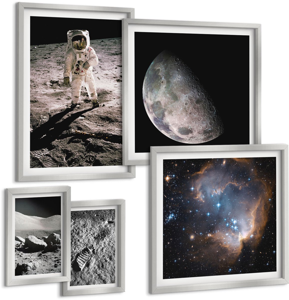 Coloray 5-Delige Schilderij Set - Foto'S Van Astronautenvoetafdrukken Op De Maan - 20 x 30 cm - Stijlvolle Muurdecoratie - Slaapkamer