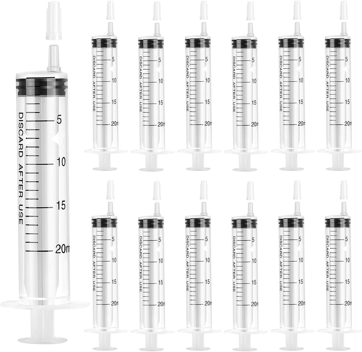 20 ml, 12 stuks spuit 20 ml met deksel, kunststof doseerspuit, herbruikbare plastic spuit zonder naald, voor dierenvoeding, fijne doseringen en wetenschappelijk laboratorium