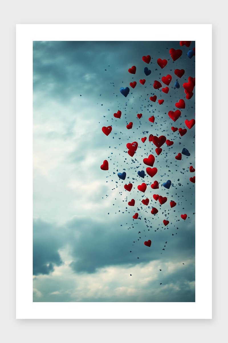 Harten Poster - Hemel - Liefde - Symbolisch - Romantisch - Zweven - Wolken - posters - formaat 30x40cm - Wanddecoratie - BXS5436PVD - Met kader - passe-partouts stijl