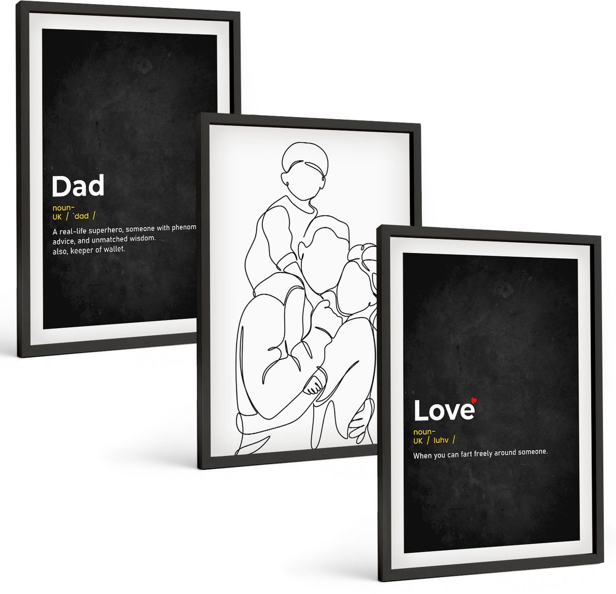 Coloray 3-Delige Schilderij Set - Familielijnkunst Met Definities Van Liefde En Vaderschap. - 40 x 60 cm - Wanddecoratie - Woonkamer Decoratie