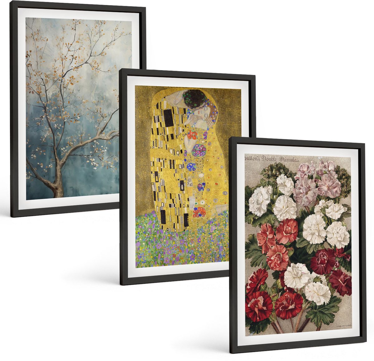 Coloray 3-Delige Schilderij Set - Bloemen En Bomen In De Schilderstijl Van De Kus Van Gustav Klimt. - 40 x 60 cm - Wanddecoratie - Muurdecoratie - Woonkamer - Decoratieve Schilderijen