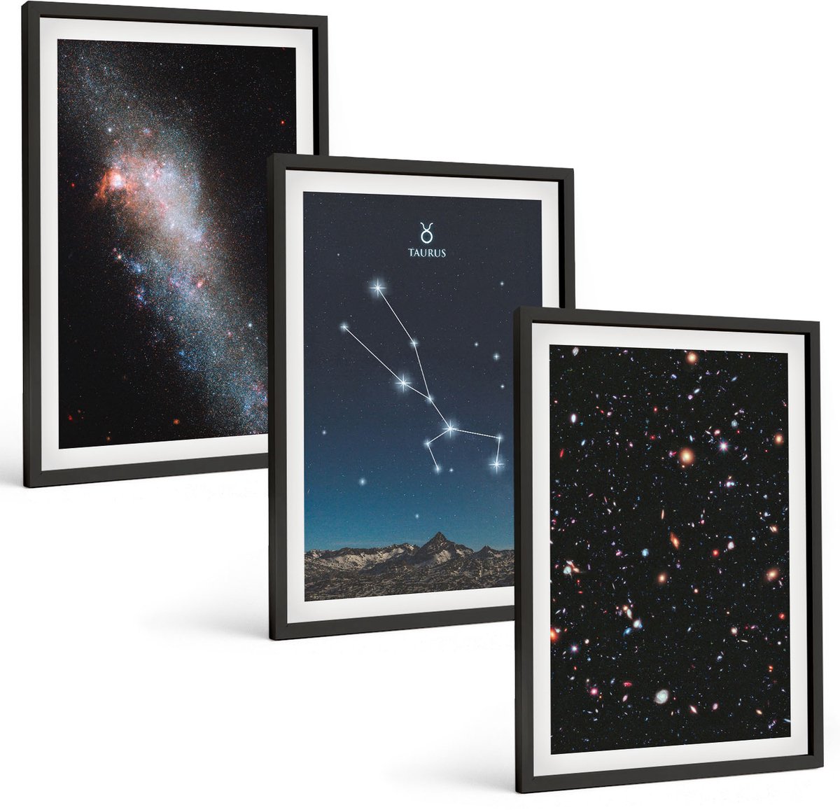 Coloray 3-Delige Schilderij Set - Ruimtelandschappen Met Sterren En Het Sterrenbeeld Stier - 40 x 60 cm - Moderne Wanddecoratie - Slaapkamer - Stijlvolle Muurdecoratie