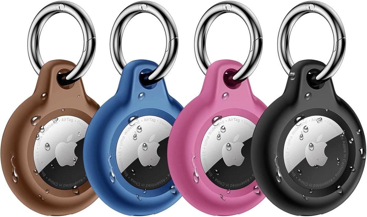 4 stuks beschermhoes voor Apple AirTag, waterdichte sleutelhanger, stootvast, krasbestendig, wasbaar, anti-verlies-draagbaar, sleutelring, hardcase voor de AirTag-tracker, zwart + blauw +