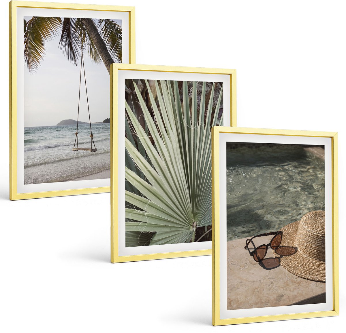 Coloray 3-Delige Schilderij Set - Vakantie Aan Het Strand Met Palmbladerenschommel - 40 x 40 cm En 40 x 60 cm - Moderne Wanddecoratie - Slaapkamer