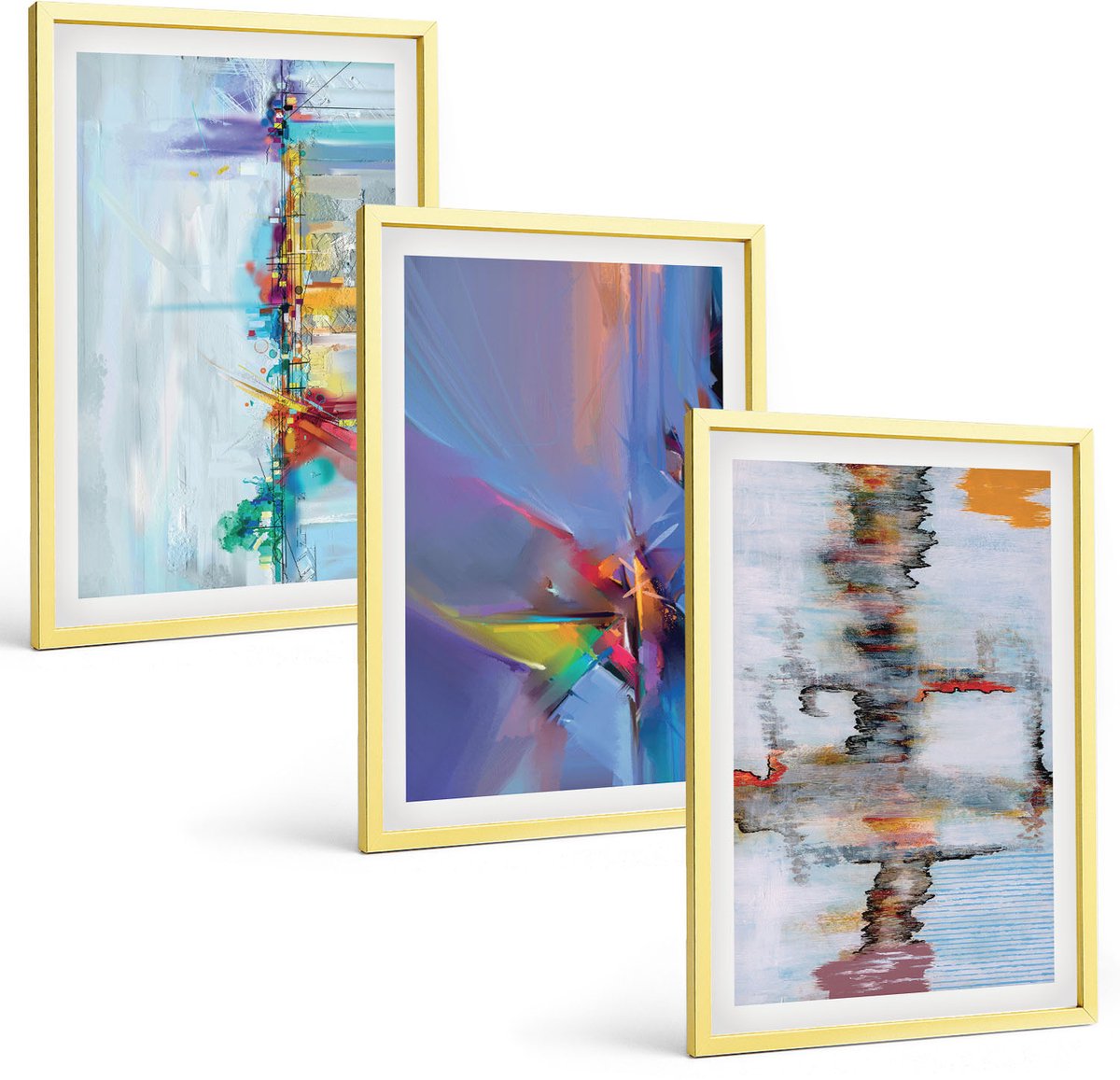 Coloray 3-Delige Schilderij Set - Grijze Kat, Delicate Rozen, Subtiele Abstractie - 40 x 40 cm En 40 x 60 cm - Moderne Wanddecoratie - Slaapkamer