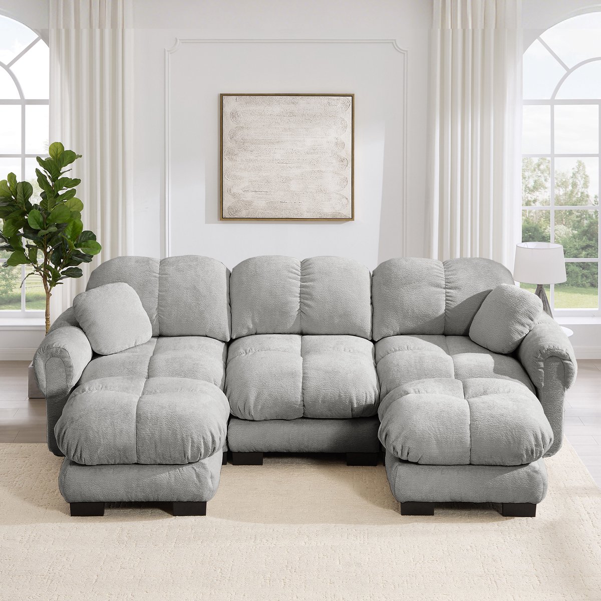 REDOM - U-bank - 3 zitplaatsen - Steppdesign op zitkussens - Bewegende ottoman en 2 sierkussens - Chenille stof - Woonkamer - Lichtgrijs - 260 x 149 x 90 cm