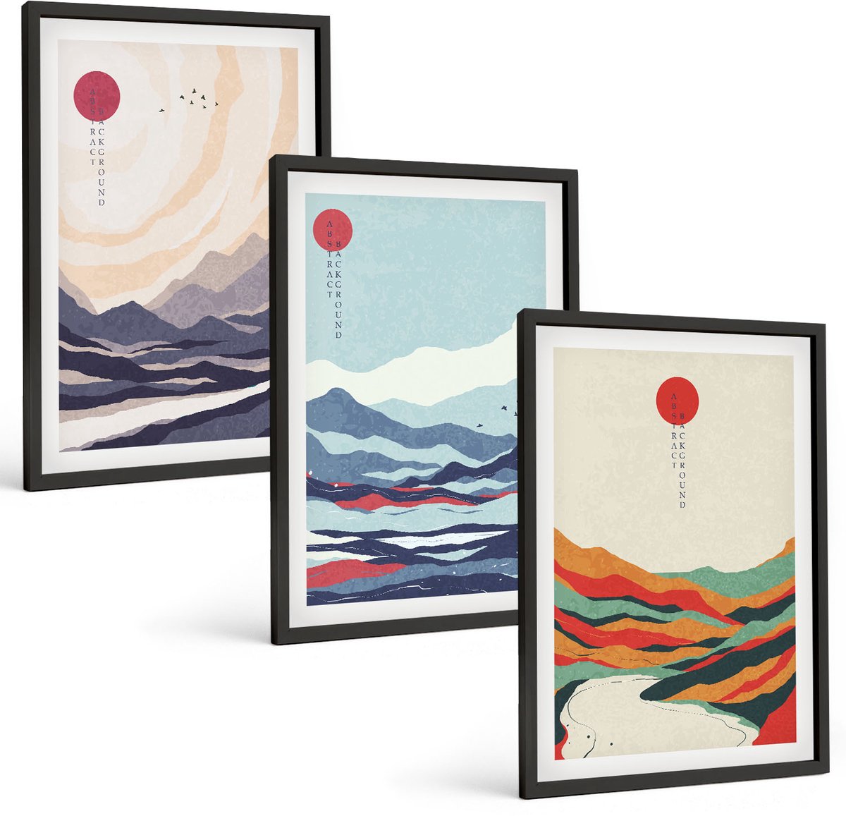 Coloray 3-Delige Schilderij Set - Japanse Abstracte Berglandschappen - 40 x 60 cm - Wanddecoratie - Schilderijen Set - Kantoor - Decoratieve Schilderijen