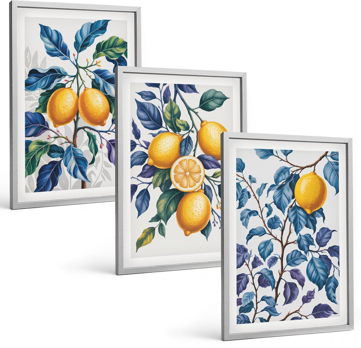Coloray 3-Delige Schilderij Set - Citroenen Aan Takken Met Blauwe Bladeren - 40 x 60 cm - Wanddecoratie - Woonkamer Decoratie - Muurdecoratie