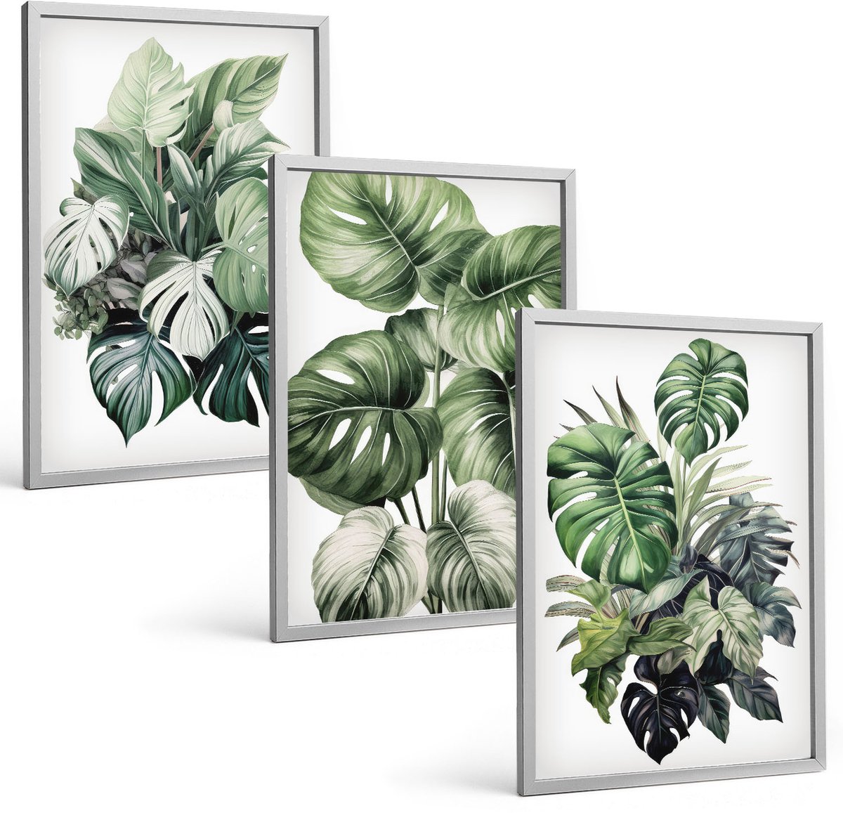 Coloray 3-Delige Schilderij Set - Groene Bladeren Van Tropische Planten, Aquarelverf - 40 x 60 cm - Decoratieve Schilderijen - Wanddecoratie - Hal - Stijlvolle Muurdecoratie