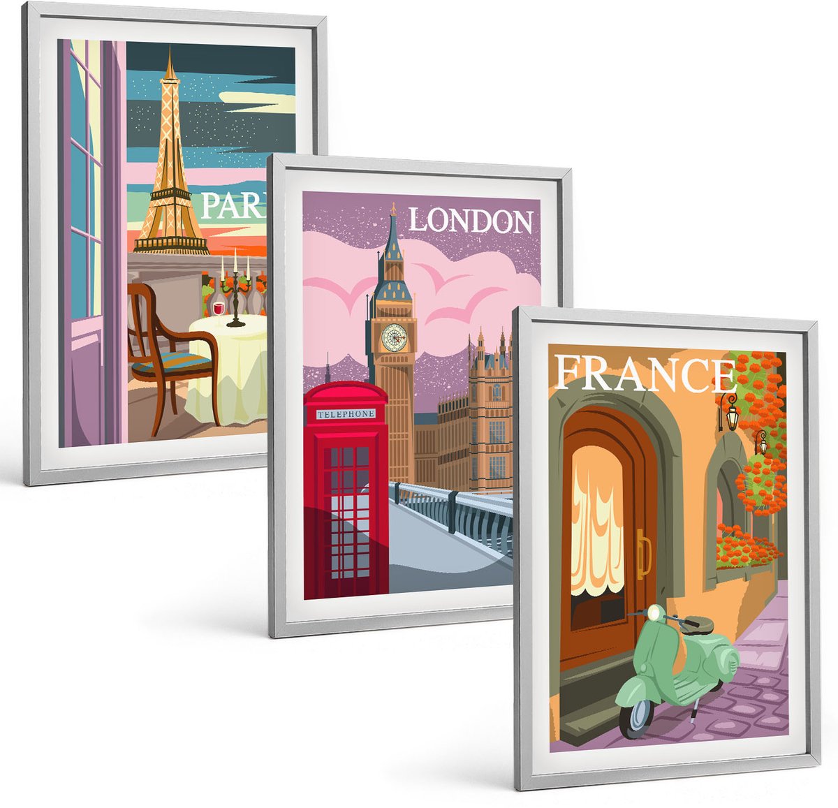 Coloray 3-Delige Schilderij Set - Retro Stadsgezichten Van Parijs, Londen En Frankrijk - 40 x 60 cm - Schilderijen Set - Wanddecoratie - Woonkamer