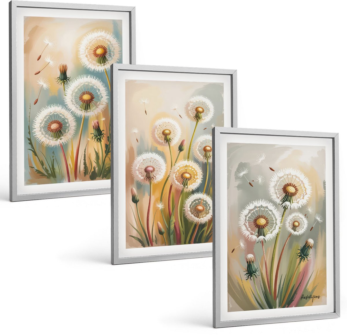 Coloray 3-Delige Schilderij Set - Paardenbloemen Tegen Een Pastelkleurige Grasachtergrond - 40 x 60 cm - Muurdecoratie - Wanddecoratie - Slaapkamer - Stijlvolle Muurdecoratie