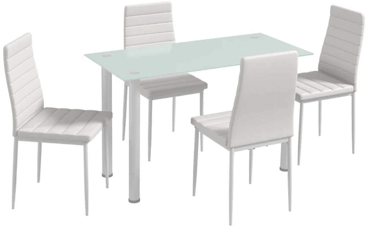 Eethoek - 5-delige Eetgroep - Eettafel Met 4 Stoelen - Modern Design - Glazen Tafel - Wit