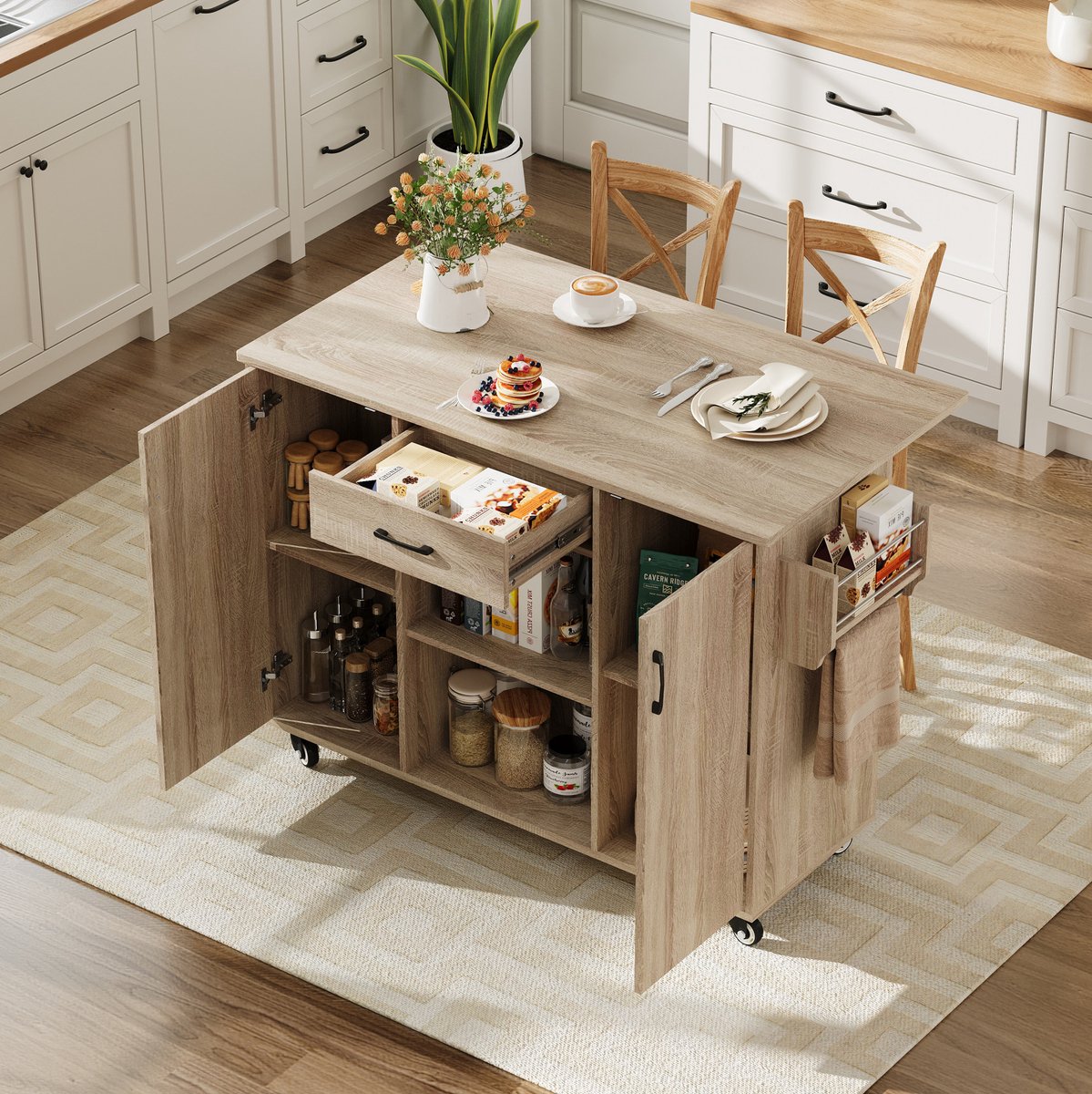 MODFU-Keuken Eiland-Klapbare Werkplaat-Schuiflade-Wieltjes-Natuurlijk-MDF