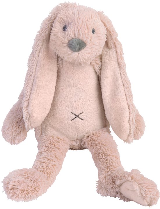 Zacht roze konijn knuffel met lange slappe oren en een geborduurd kruisje op de buik.