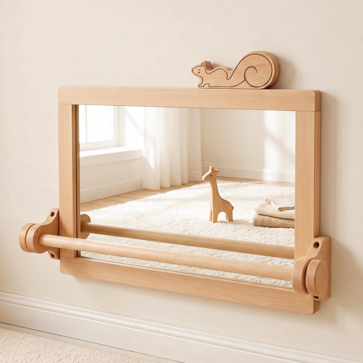 let's make Montessori Babyspiegel met Optrekstang, Onbreekbare Wandspiegel Babykamer, Natuurlijk Hout, 60x40cm - ShopVlot