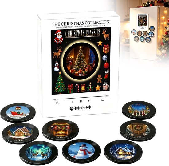 Een witte box met kerstmuziek en een muziekspeler met kerstboom, omringd door 9 ronde kerst-NFC-platen op een tafel.