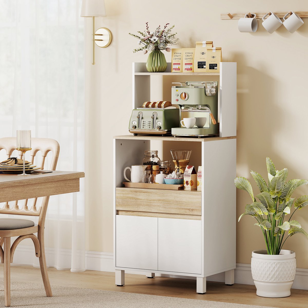 AURA LUMEN-Opbergkast-Kast voor magnetron-keukenbuffet met kast-lade en bovenplank-60x40x131 cm-eiken en wit
