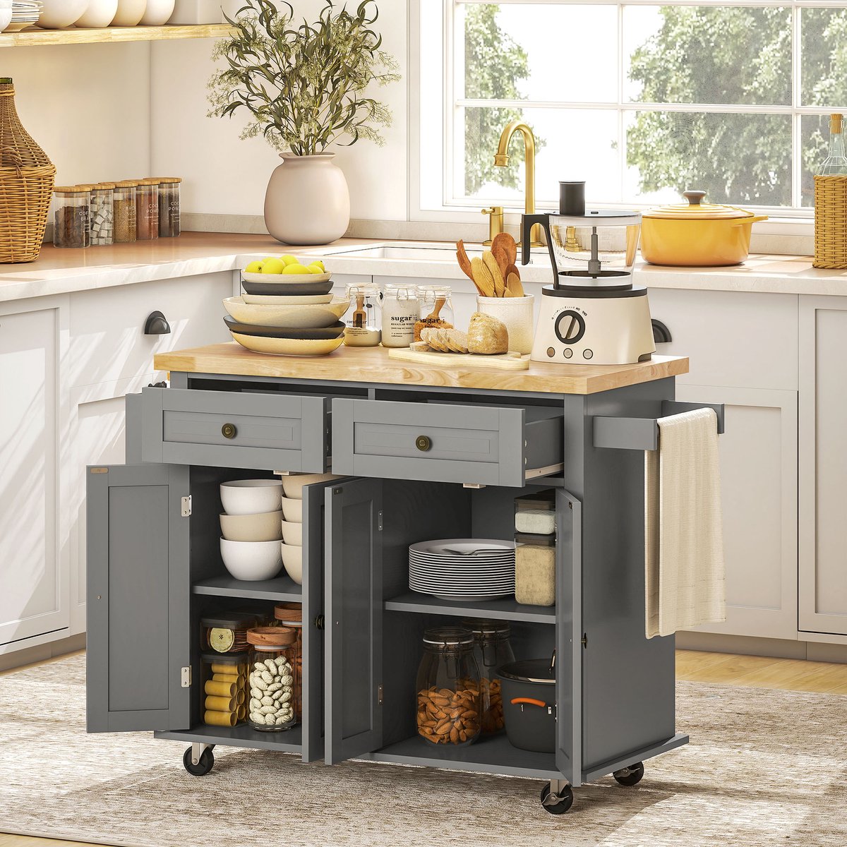 AURA LUMEN-Opbergkast-Desserte Cuisine Gris Bois d'Hévéa avec 2 Tiroirs-2 Placards-Range-Bouteilles & Étagère Réglable