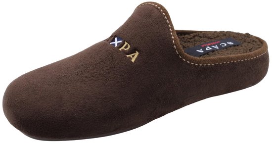 Bruine pantoffel met geborduurde 'XPA' op de wreef en fleece voering.