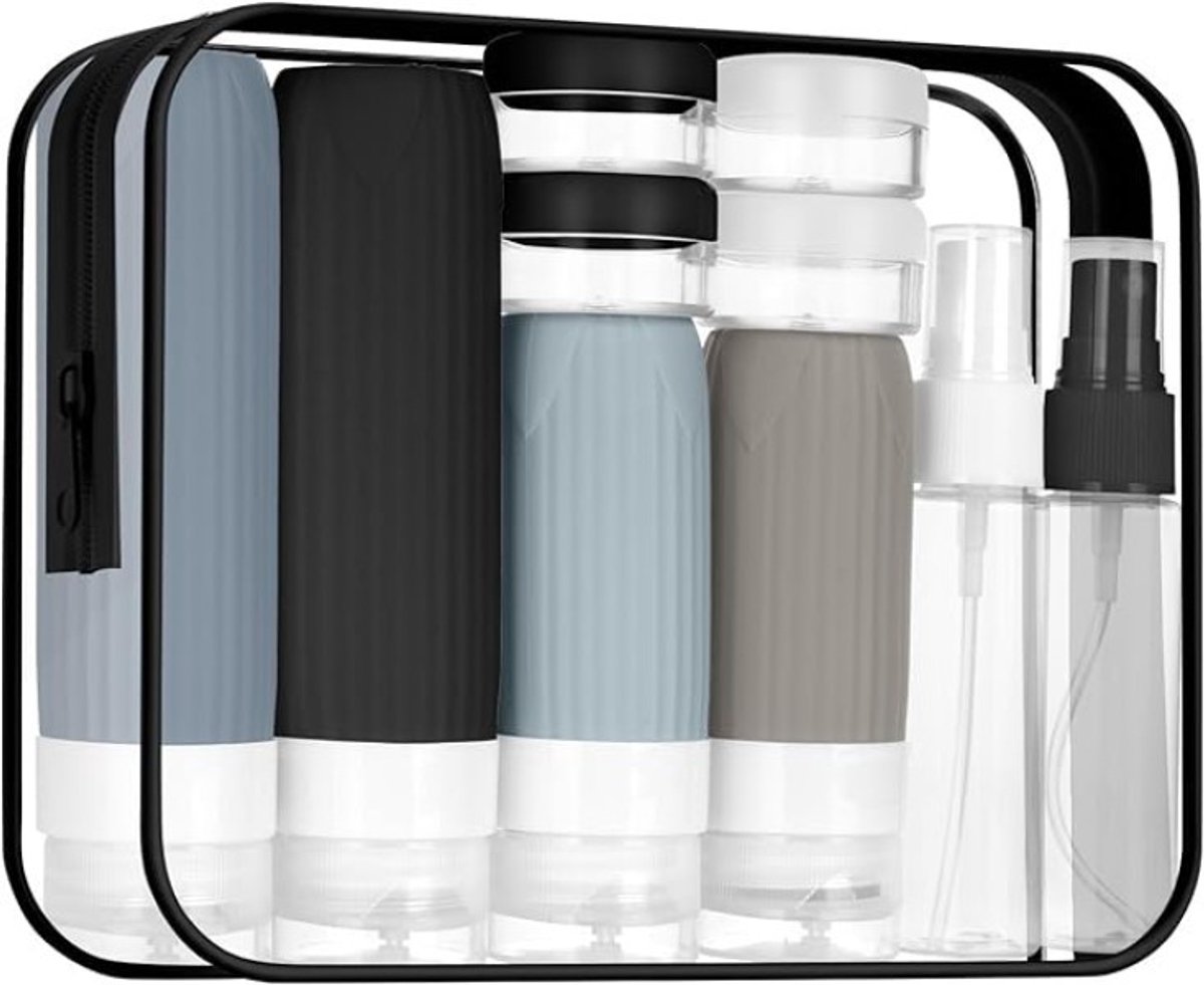 PolkaHome Reisflessen Set 19-delig - Siliconen Toilettas met Knijpflesjes voor Shampoo, Lotion en Zeep - Zwart