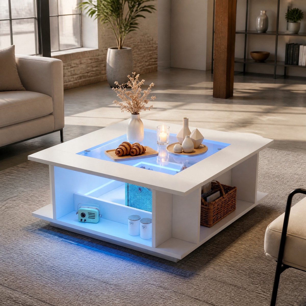 REDOM - Salontafel - Vierkant ontwerp - Open opbergruimte - LED-verlichting - Modern - Woonkamer - Spaanplaat en glas - Wit - 70 x 70 x 30 cm