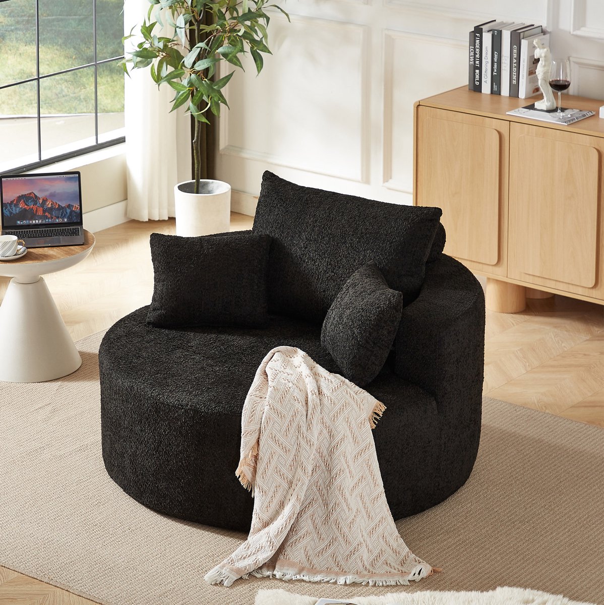 REDOM - Fauteuil - Chenille bekleding - Met armleuningen - Zonder montage - Scandinavisch & Basic - Woonkamer en slaapkamer - Stof - Zwart - 127 x 127 x 82 cm