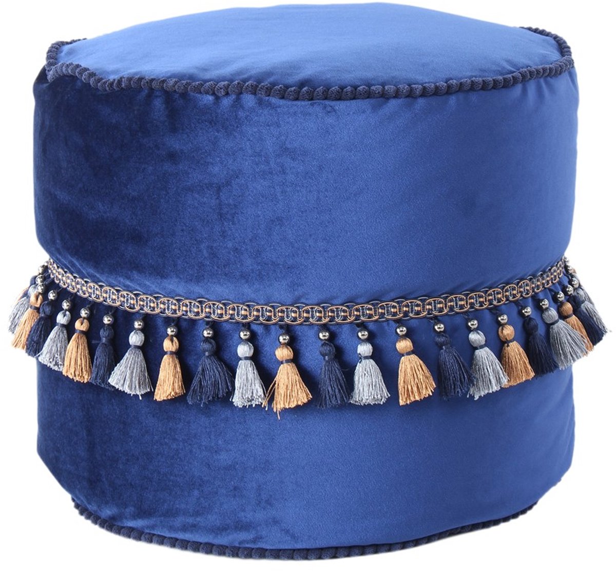 Padiro ronde poef Ø 45 x 38 cm - blauw - fluweel - macramé en kwastjes