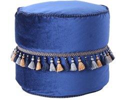 Padiro ronde poef Ø 45 x 38 cm - blauw - fluweel - macramé en kwastjes