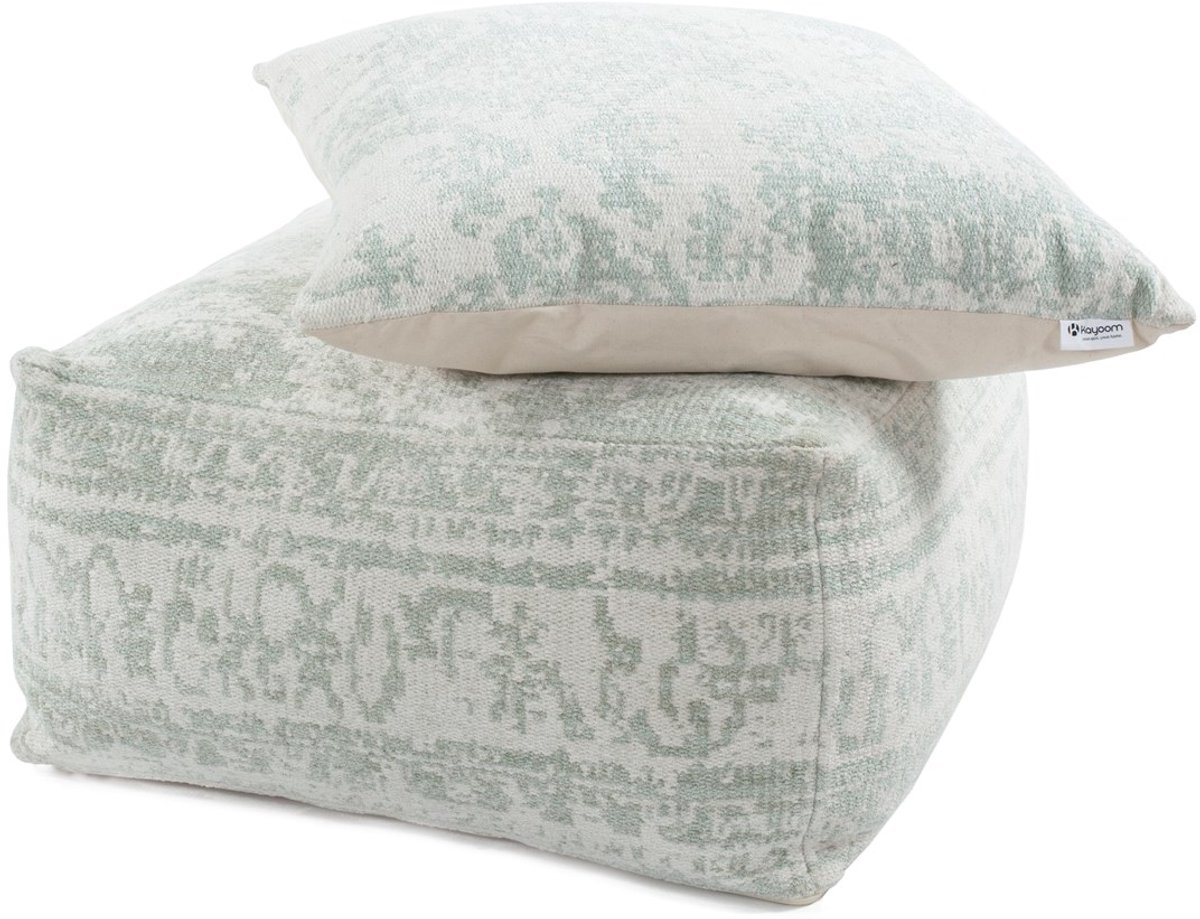 Padiro poef met zitkussen 80 x 80 x 40 cm - ivoor en mintgroen - stoffen bekleding - handgemaakt met vintagepatroon