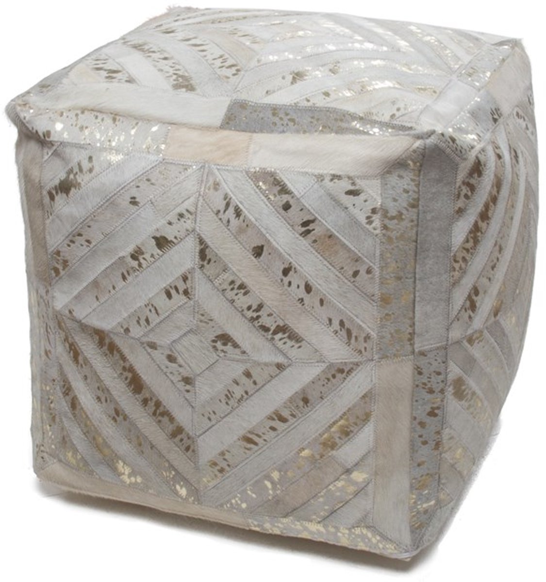 Padiro vierkante poef 45 x 45 x 45 cm - ivoor en goudkleurig - leer - handgemaakt met diagonaal patroon