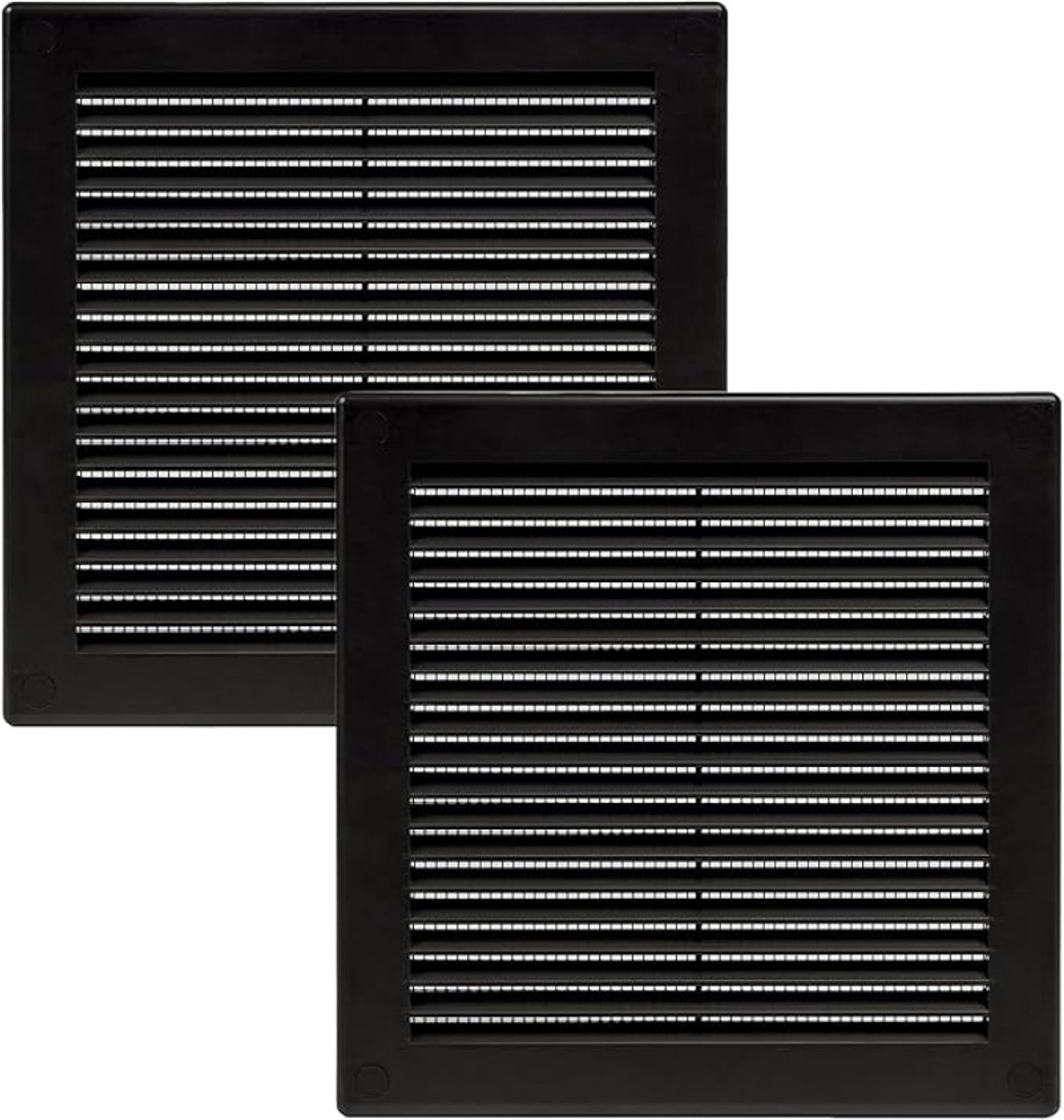 Ventilatierooster 200x200 mm, zwart, 2 stuks, met vliegengaas - voor badkamer en thuiskantoor