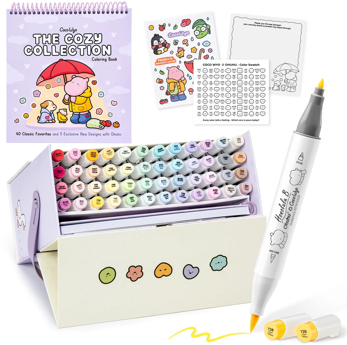 Ohuhu x Coco Wyo Cozy Mood Coloring Kit – Honolulu B 48 kleuren Alcohol Art Markers Brush & Fine + kleurboek