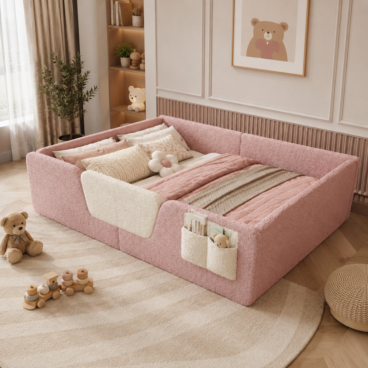 Welltin Kinderbed 140x190 cm - Tweepersoonsbed - Gestoffeerd bed - Vloerbed - Grondbed - Met stoffen opbergtast - Met vangrail - Fluweelstof - Zacht en comfortabel - Roze