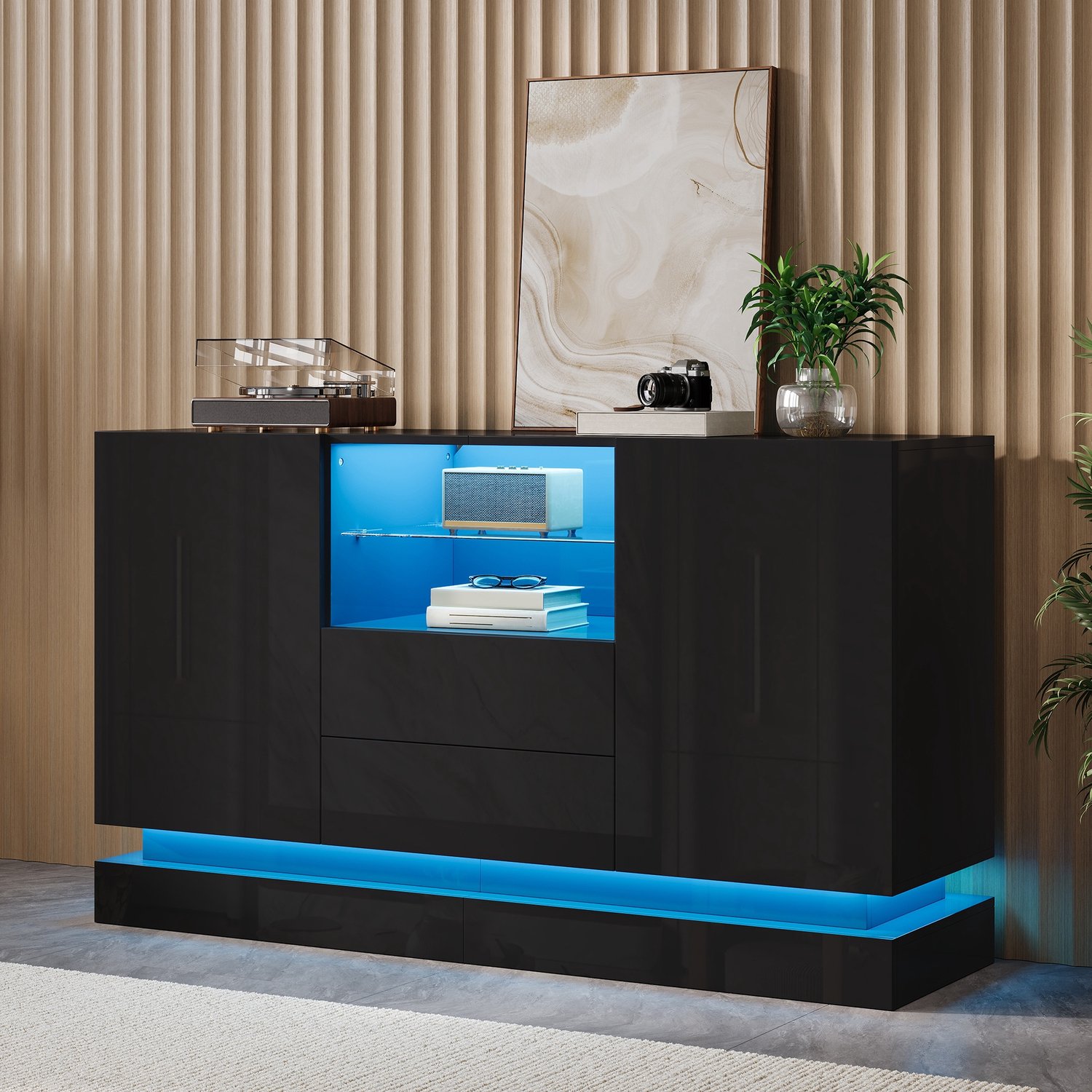 PHOEBE CAT Dressoir - Halmeubel - Opbergkast - LED-verlichting - Met 2 lades - Hoogglans - Spaanplaat - Zwart