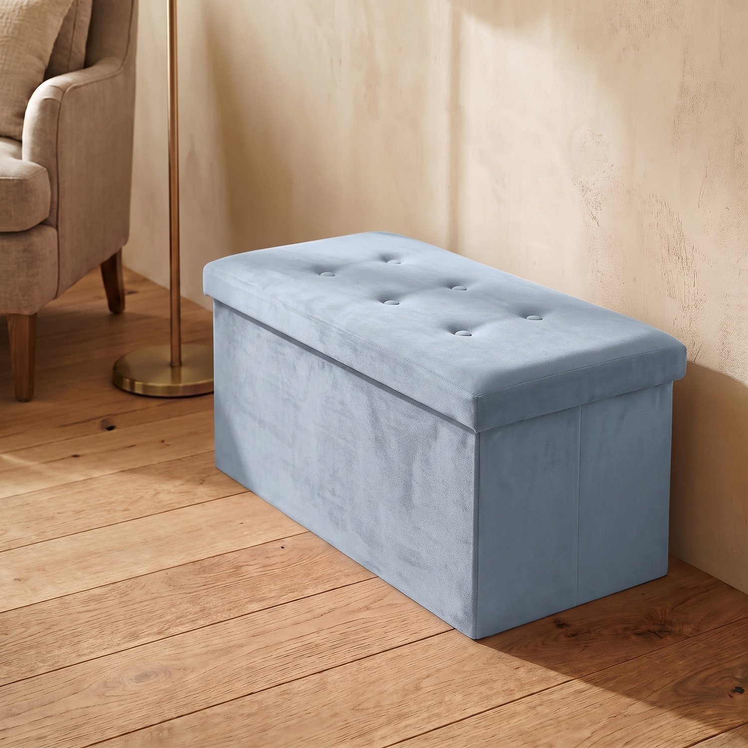 SCENA LIVING - Rechthoekige, opklapbare fluwelen poef met opbergruimte, 76 x 38 x 38 cm