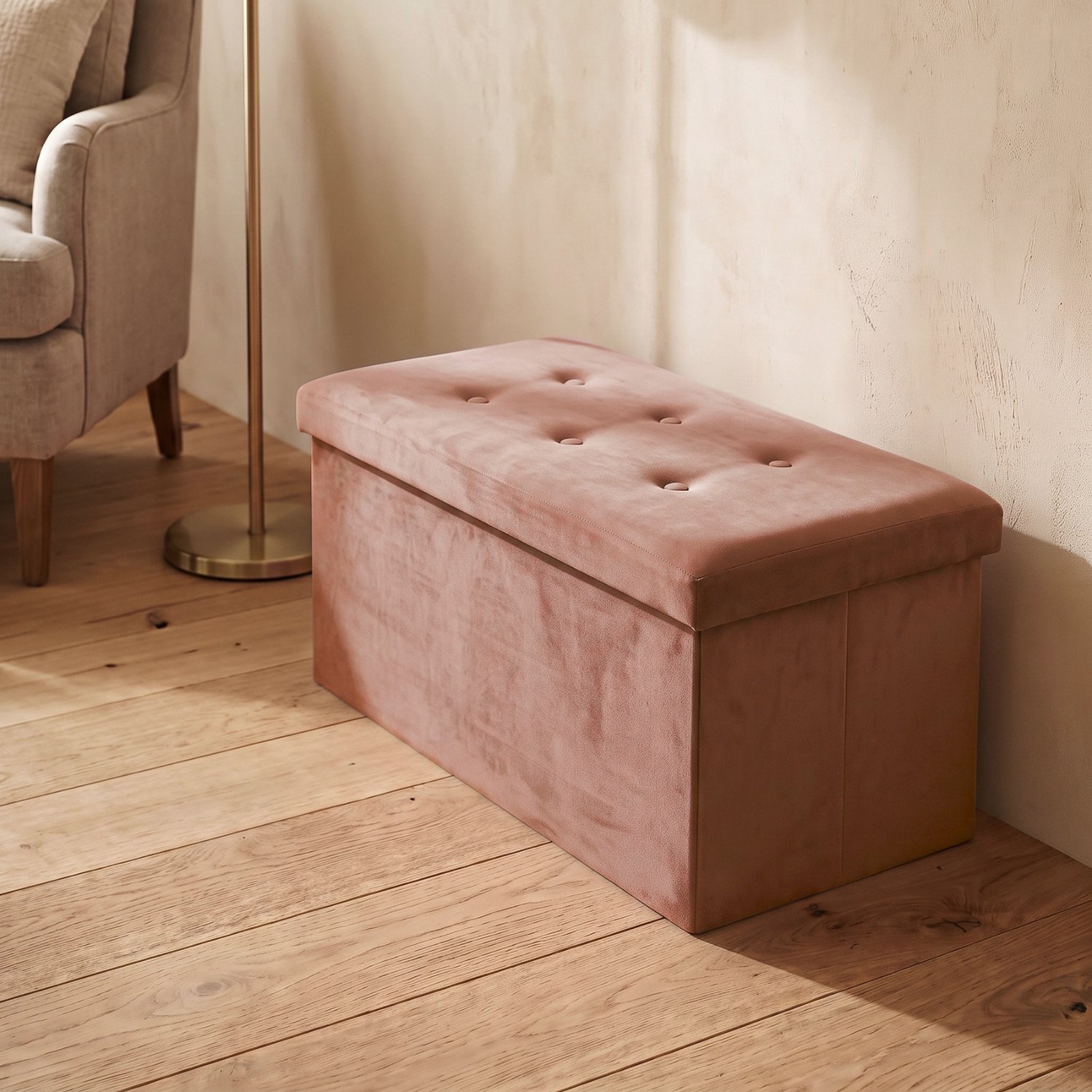 SCENA LIVING - Rechthoekige opklapbare fluwelen poef met opbergvak, 76 x 38 x 38 cm