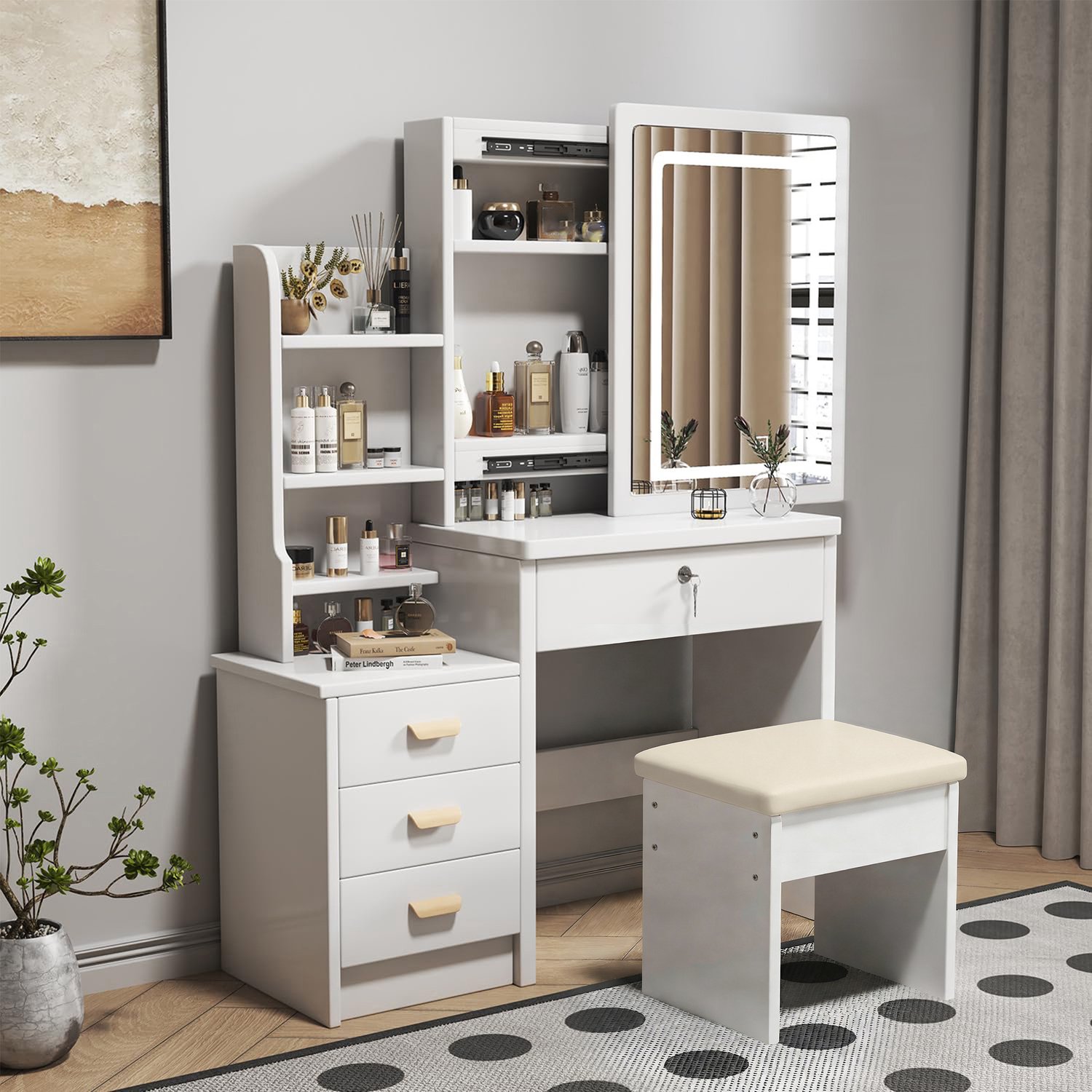 CHICFURN Kaptafel - 1 persoon - Verlichte spiegel - 4 lades - Wit