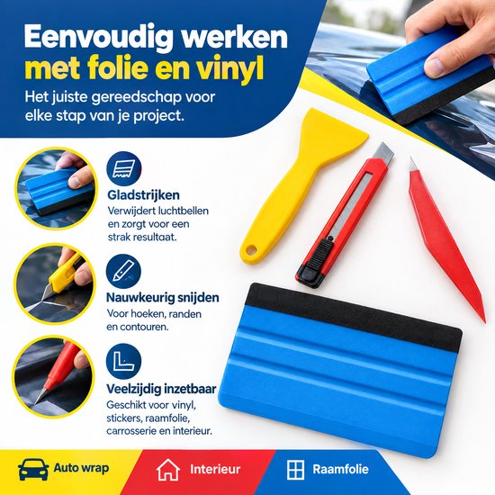 Gereedschapset voor folie met een blauwe rakel, rood snijmes en geel schraapmes. Tekst: Eenvoudig werken met folie en vinyl.