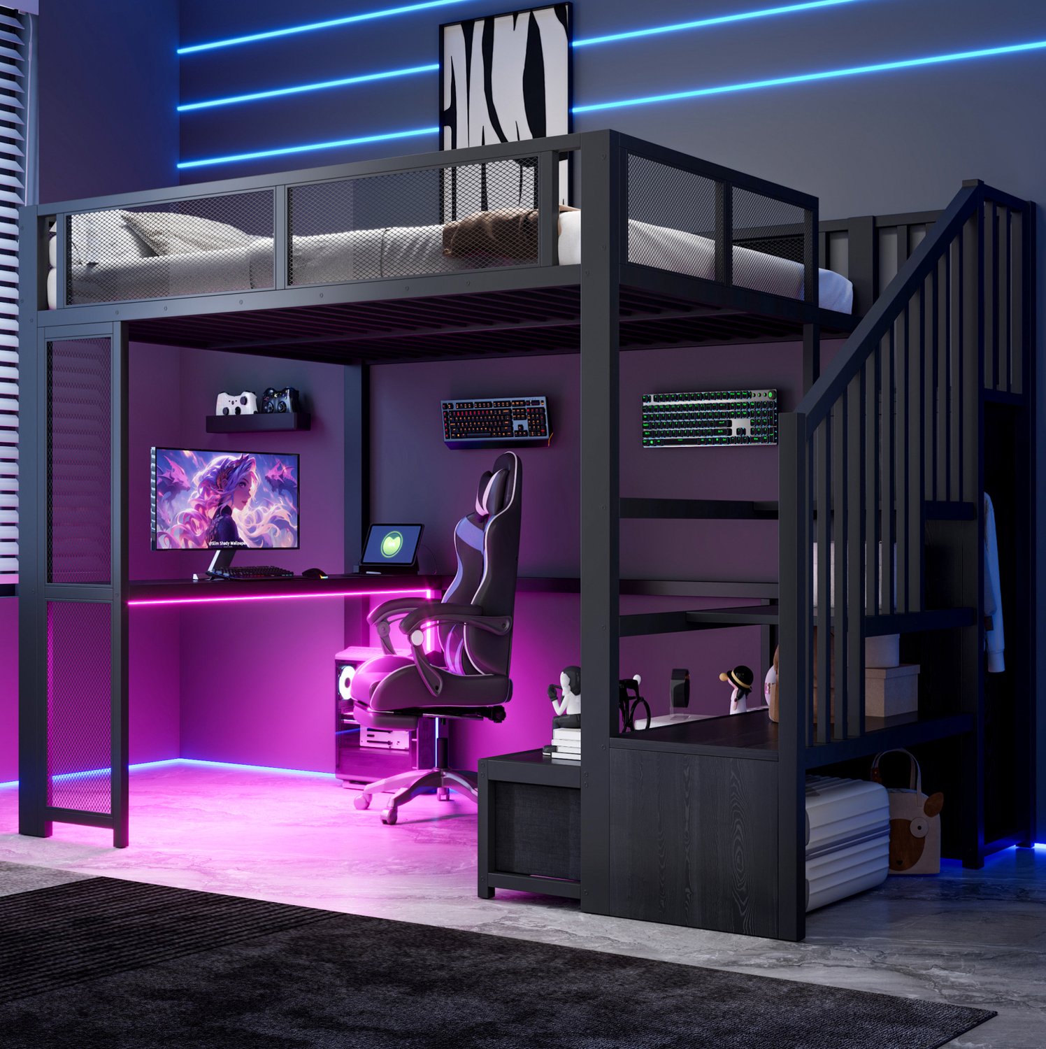 Wishdor Hoogslaper 140x200 cm - Metalen frame met MDF - Bureau en open kledingkast - Trap met 3 lades - LED-verlichting en USB-aansluiting - Kinderkamer - Zwart