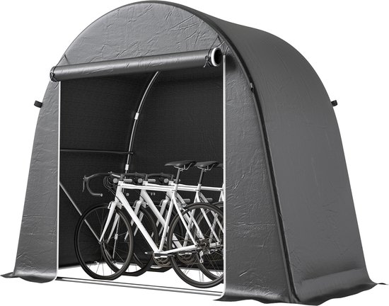 Donkergrijze opbergtent voor buiten met metalen frame en twee witte racefietsen erin geplaatst.