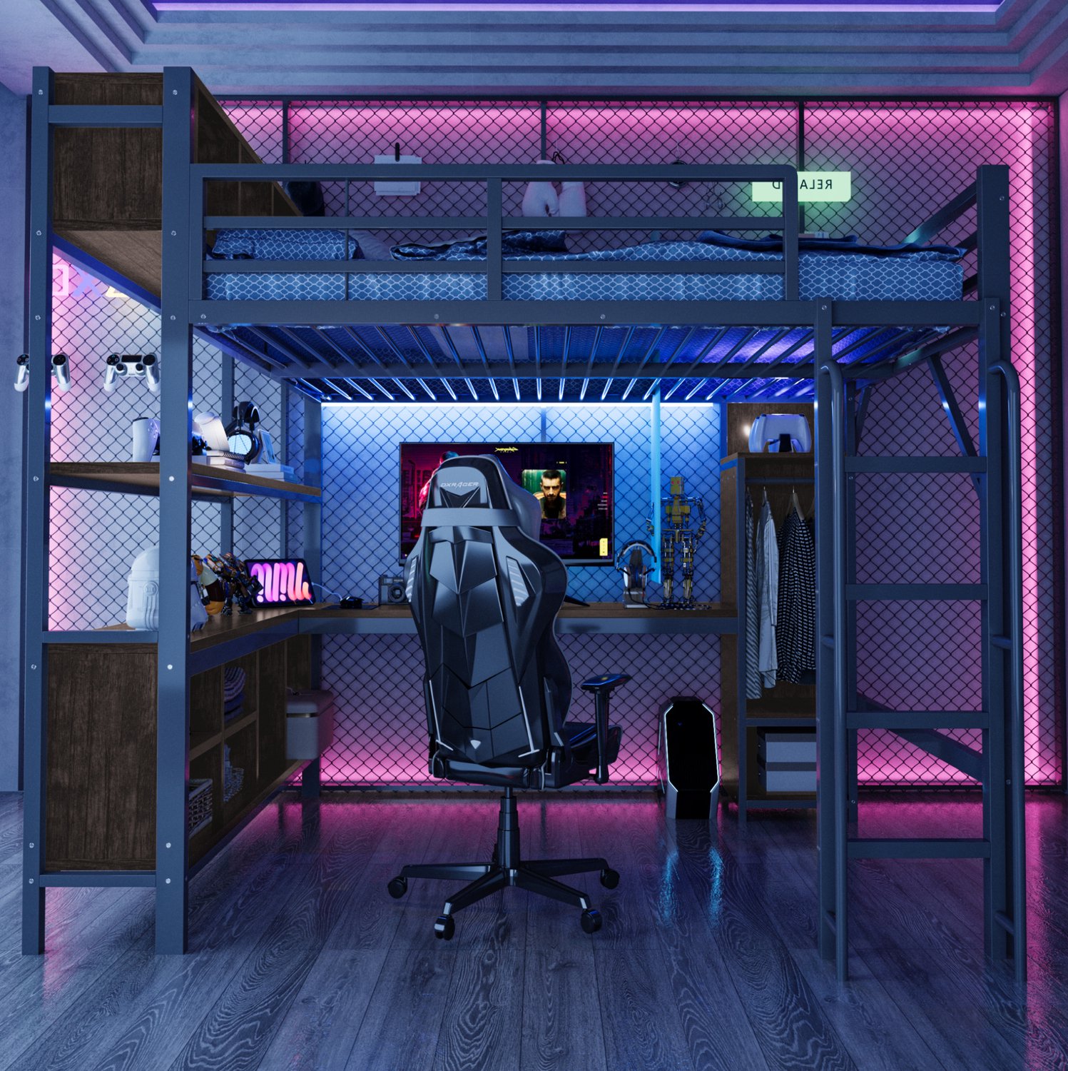 Wishdor Hoogslaper 140x200 cm - Met bureau en kledingkast - LED-verlichting en EU-stopcontacten - Hoge veiligheidsreling - Slaapkamer studeerkamer - Metaal MDF hout - Zwart