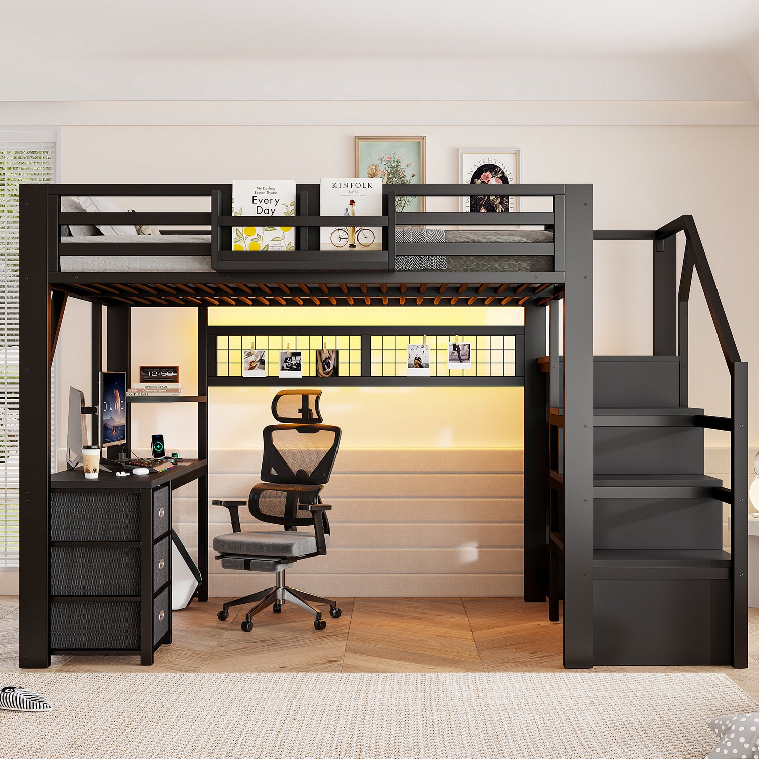Wishdor Hoogslaper 140x200 cm - Met bureau en LED-verlichting - 3 stoffen lades, kledingkast en opbergvakken - Moderne stijl - Kinderkamer studeerhoek - Metaal en MDF - Zwart